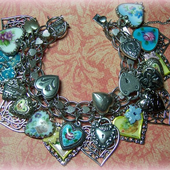 Vintage Silver Puffy Heart Bracelet-25 Charms-Guilloche-Painted Hearts - Picture 1 of 7